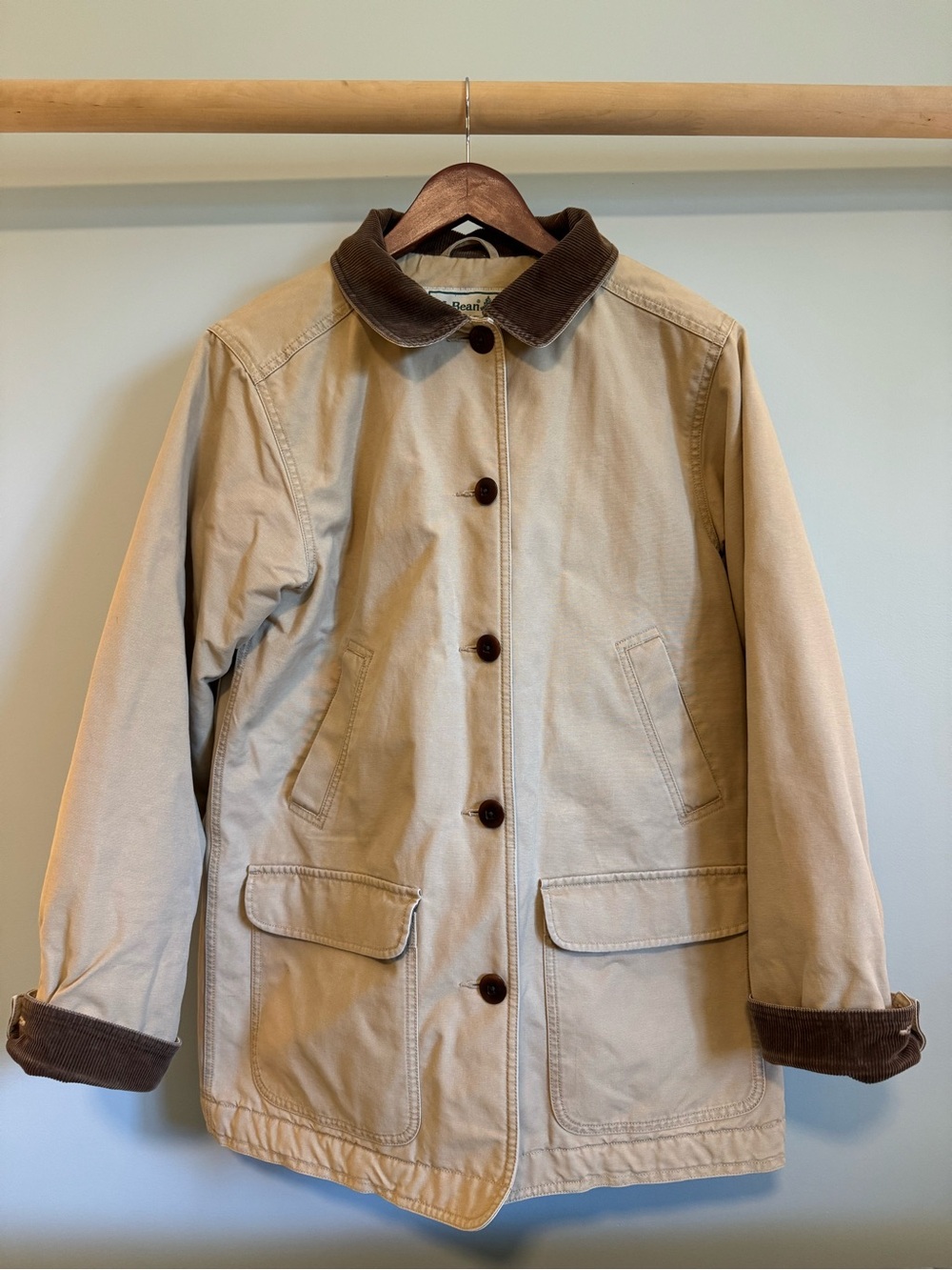 L.L. Bean Women's Khaki Barn Coat with Brown Corduroy Collar - Picture 2 of 10